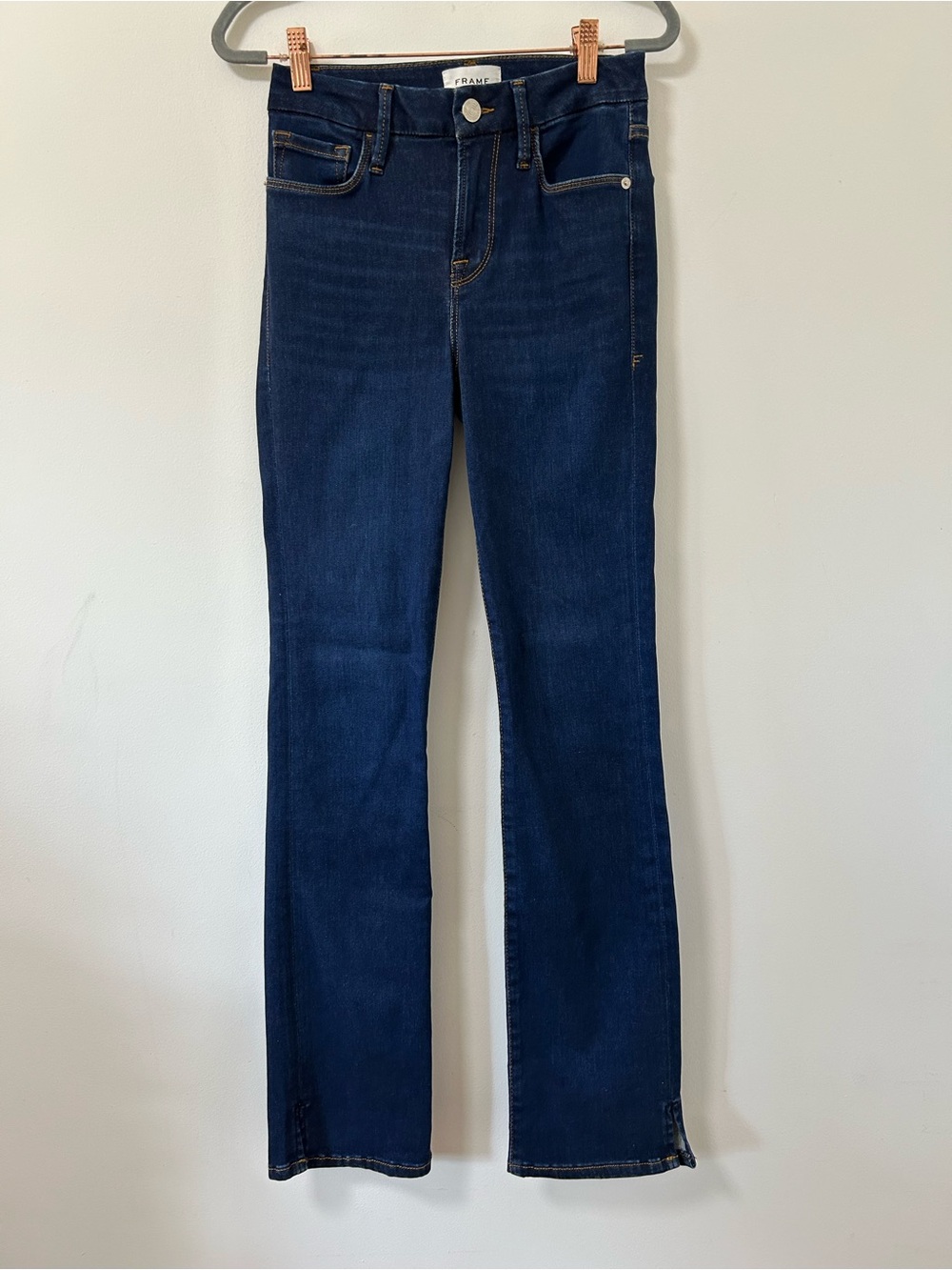 Frame Le Mini Boot Denim Dark Blue Flare Jeans Stretch Split Hem 26